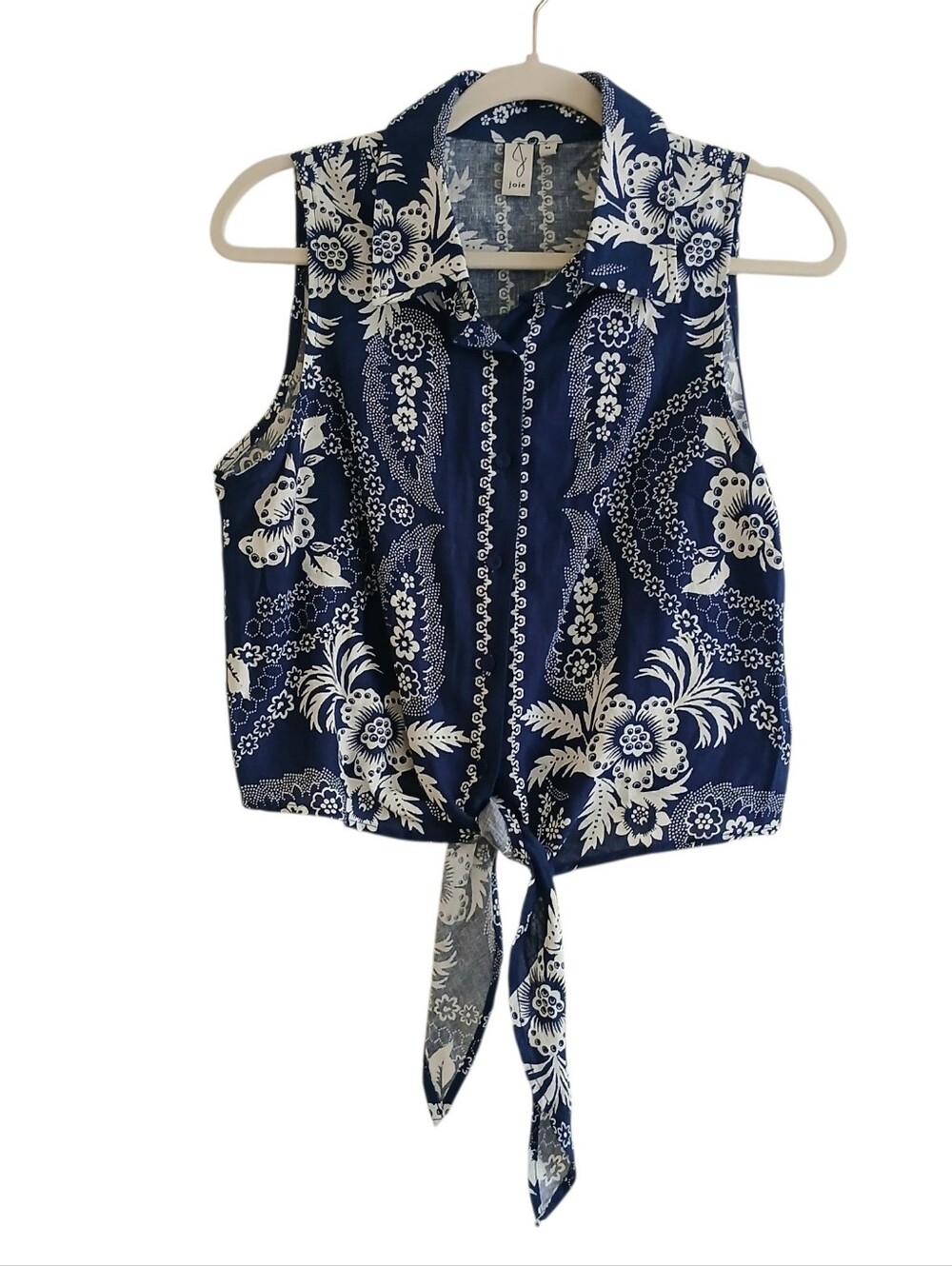 NWOT JOIE 100% Linen Bandana Tie Front Top Women's M Blue White Coastal Resort